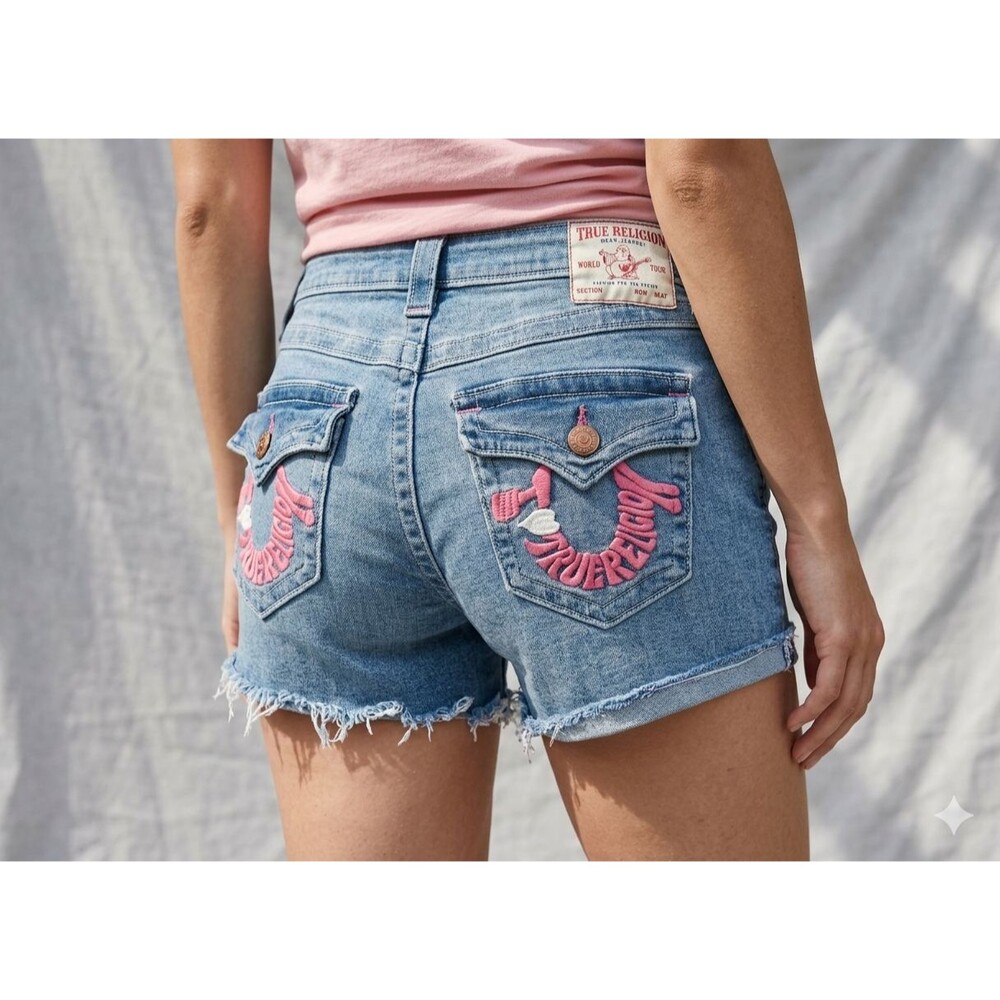 True Religion Jennie Short Women’s 30 Mid Rise Curvy Denim Shorts Frayed Hem